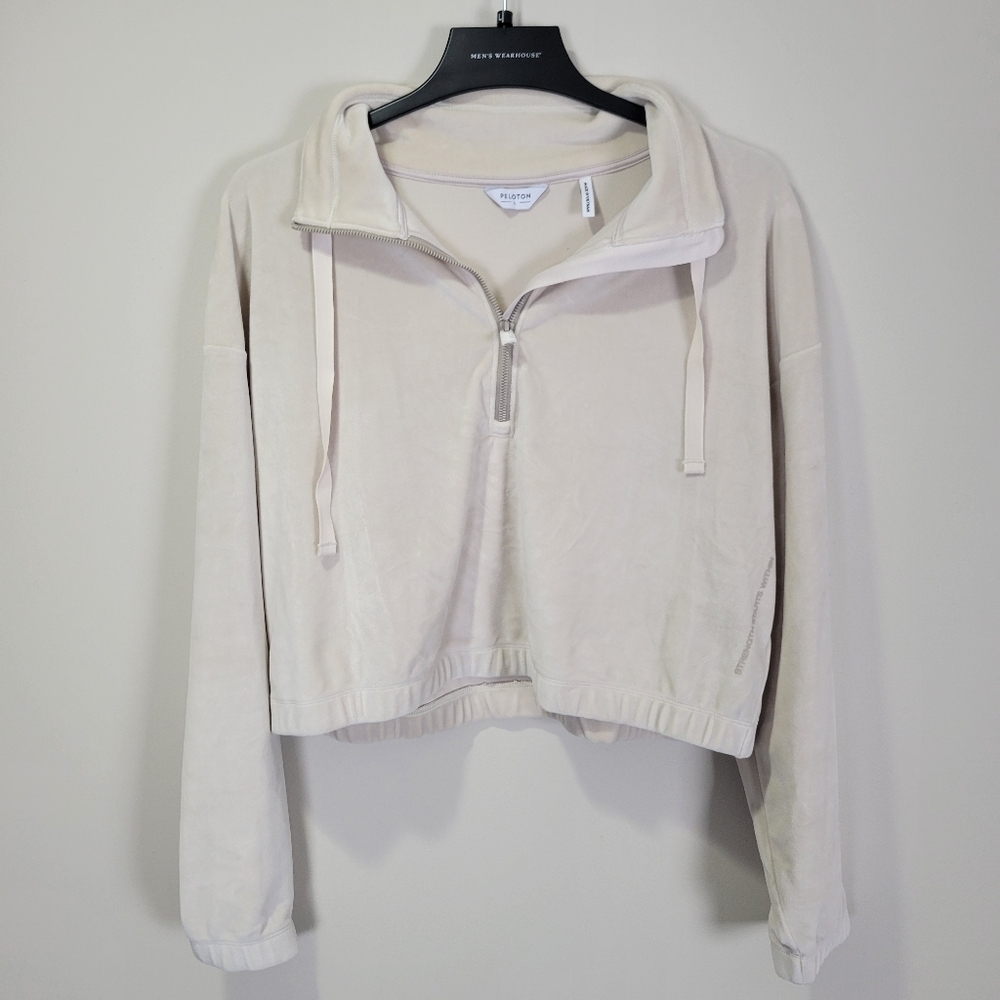 Peloton Velour V-Hem Pullover Hoodie Womens Large Beige Fitness Apparel Half Zip - Picture 2 of 7